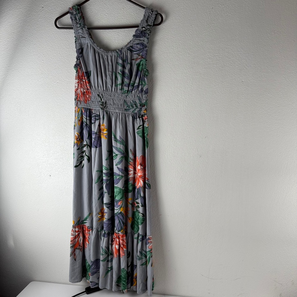Patrons of Peace Floral Midi Dress Small Gray Tropical Boho Smocked Rayon Summer - Picture 4 of 7